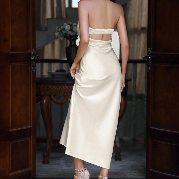 Apricot Elegant Women's Solid Color Strapless Dress - Picture 2 of 6